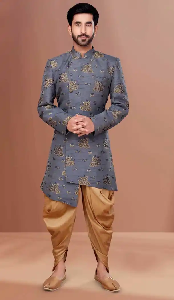 Grey Color Jacquard Woven Work Function Wear Men's Indo Western -5473162310