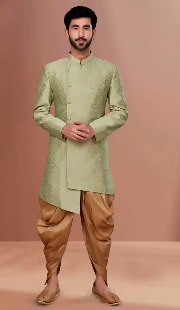 Pista Green Color Jacquard Woven Work Function Wear Men's Indo Western -5473162311