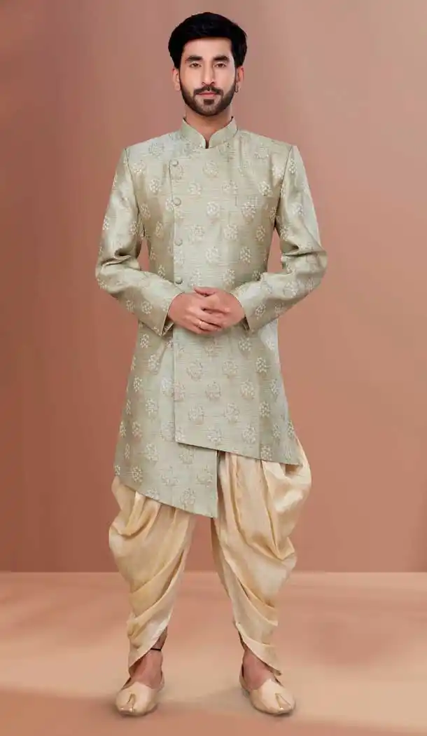 Light Pista Color Jacquard Woven Work Function Wear Men's Indo Western -5473162313