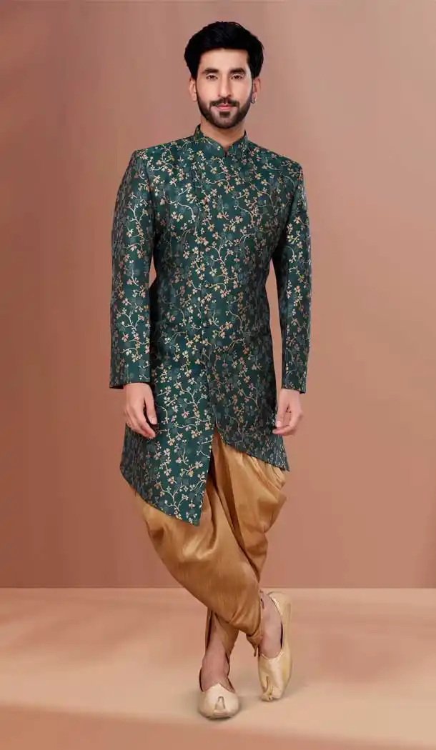 Green Color Jacquard Woven Work Function Wear Men's Indo Western -5473162316