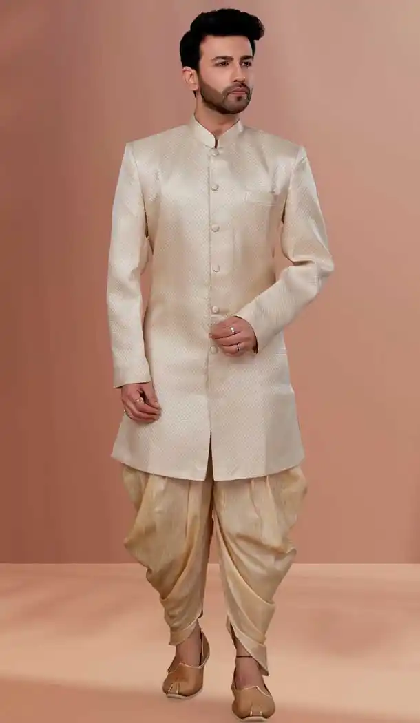 Light Cream Color Heavy Polystar Self Work Function Wear Men's Indo Western -5473162319