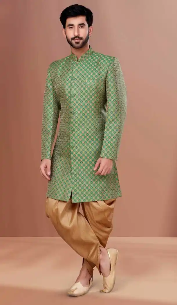 Green Color Soft Jacquard Woven Work Function Wear Men's Indo Western -5473162320