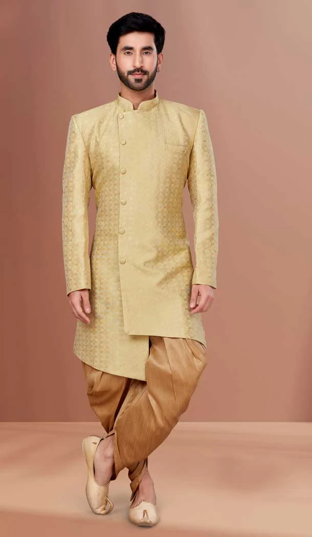 Beige Color Jacquard Woven Work Function Wear Men's Indo Western -5473162321