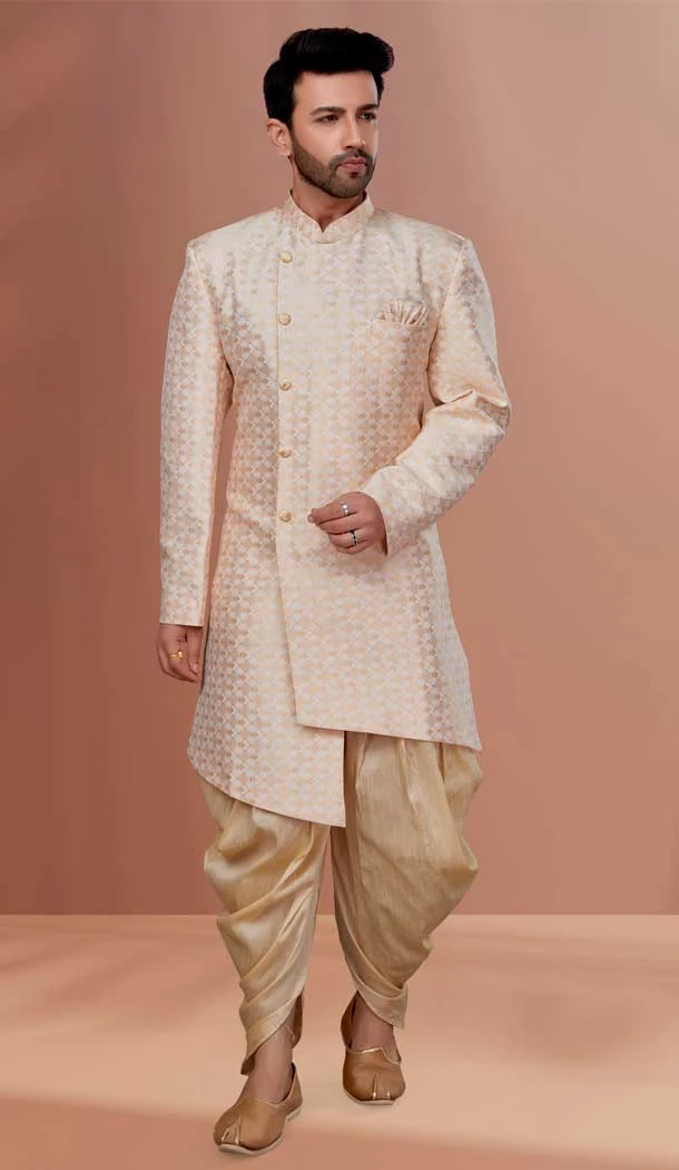 White Color Jacquard Woven Work Function Wear Men's Indo Western -5473162322