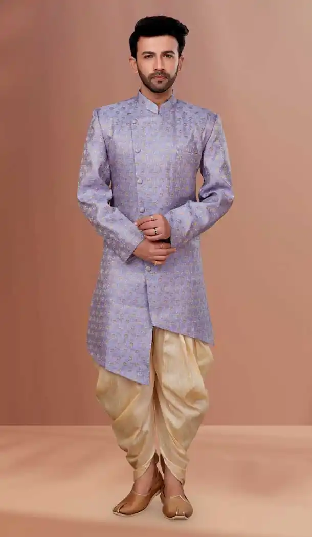 Lilac Color Fancy Soft Jacquard Woven Zari Work Function Wear Men's Indo Western -5473162324