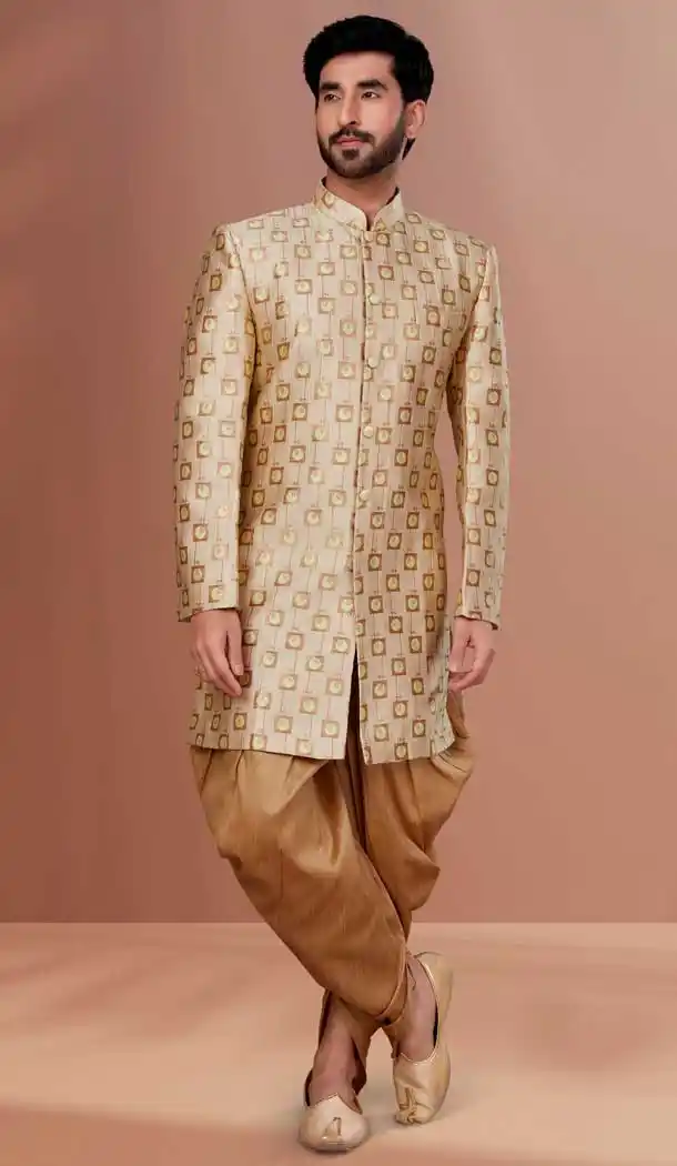 Jacquard Cream Color Woven Work Function Wear Men's Indo Western -5473162325