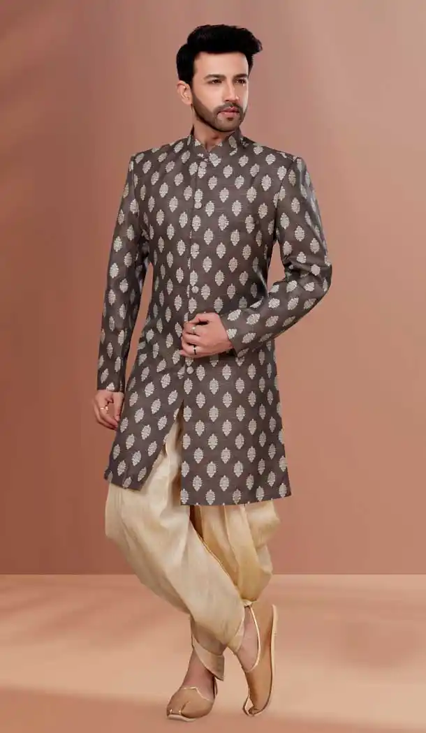 Coffee Color Jacquard Woven Work Function Wear Men's Indo Western -5473162326