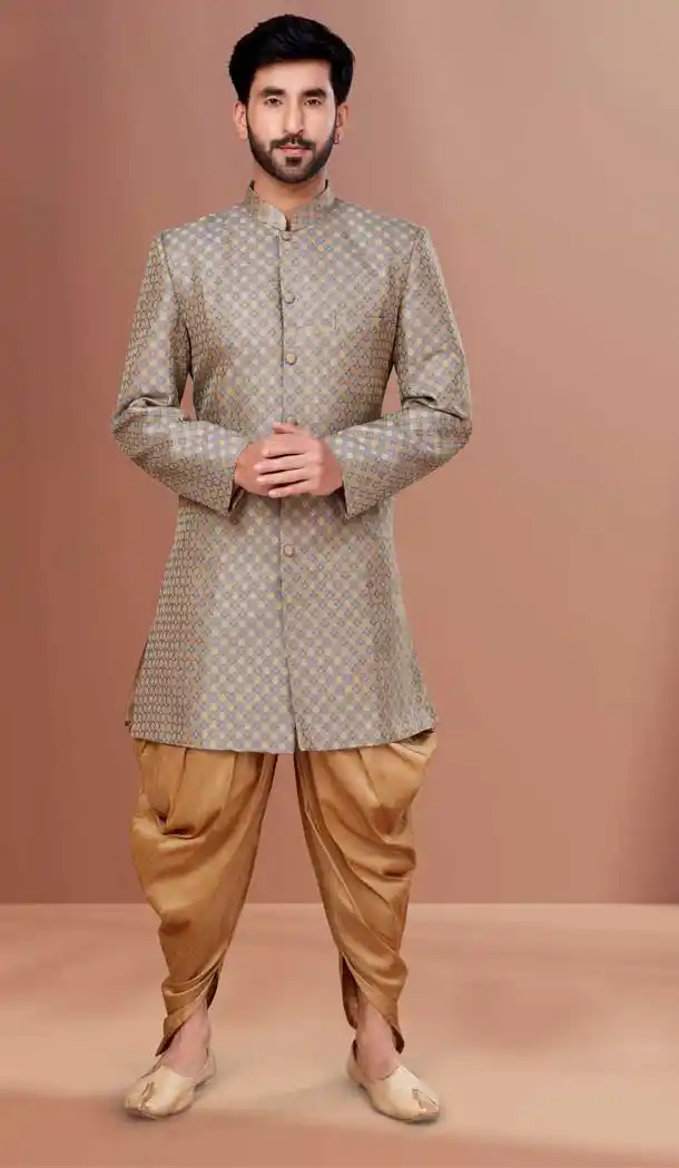 Grey Color Soft Jacquard Woven Work Function Wear Men's Indo Western -5473162327