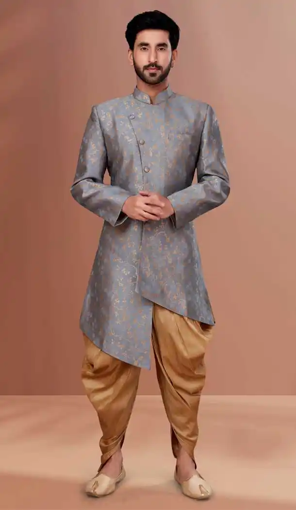 Grey Color Jacquard Woven Work Function Wear Men's Indo Western -5473162329