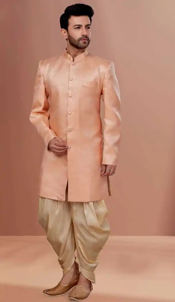 Peach Color Heavy Polystar Self Work Function Wear Men's Indo Western -5473162330