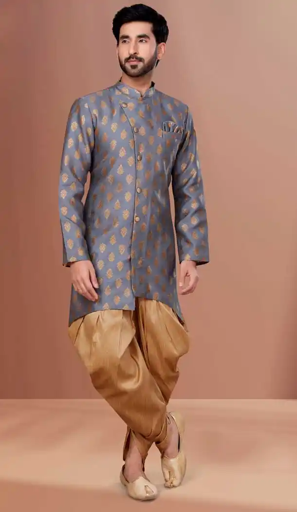 Grey Color Jacquard Woven Zari Work Function Wear Men's Indo Western -5473162331