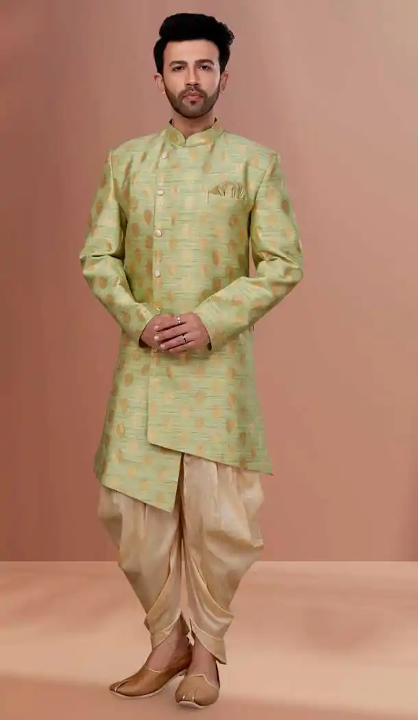 Peacock Green Color Jacquard Woven Zari Work Function Wear Men's Indo Western -5473162332