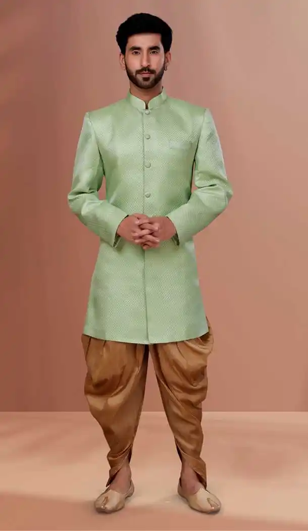 Pista Green Color Heavy Polystar Self Work Function Wear Men's Indo Western -5473162333