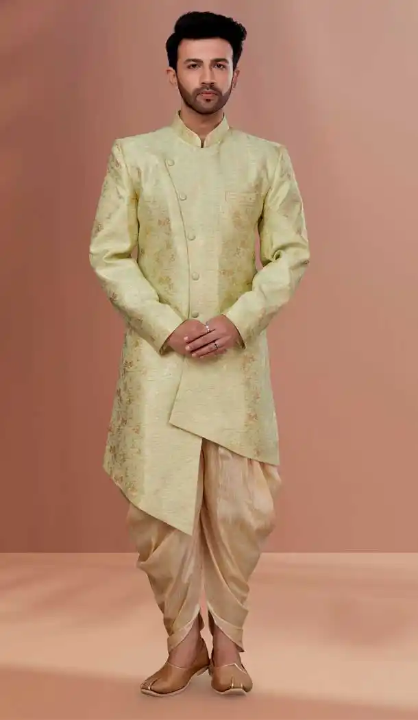 Lime Green Color Linen Woven Work Function Wear Men's Indo Western -5473162336