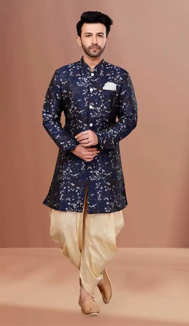 Heavy Jacquard Navy Blue And White Color Woven Work Function Wear Men's Indo Western -5473162337