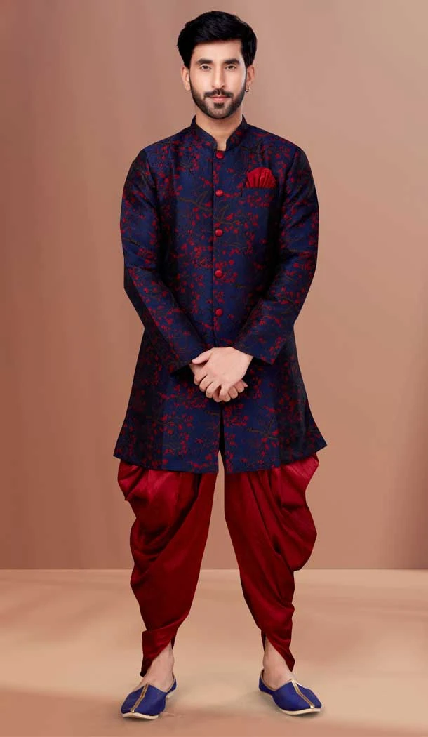Woven Work Navy Blue And Red Color Heavy Jacquard Function Wear Men's Indo Western -5473162338