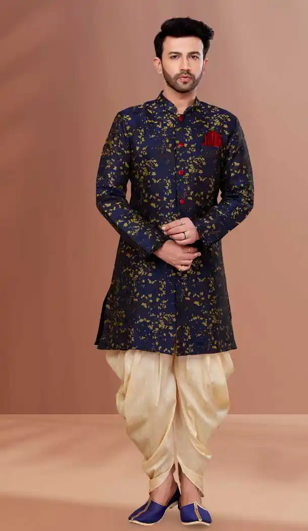 Function Wear Navy Blue And Rose Gold Color Jacquard Woven Men's Indo Western -5473162339