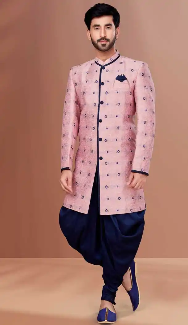 Pink Color Jacquard Woven Work Function Wear Men's Indo Western -5473162340