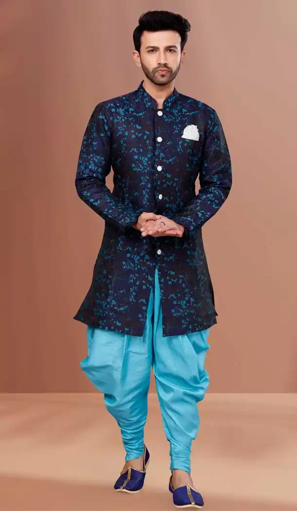 Navy And Sky Blue Color Woven Thread Work Heavy Jacquard Men's Indo Western -5473162341