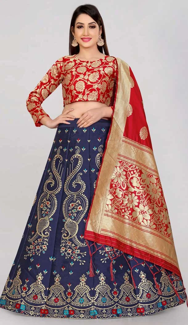 Banarasi Silk Jacquard Work Navy Blue Color Traditional Part Wear Lehenga Choli -5482162404