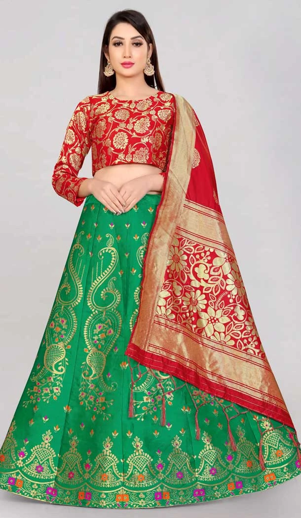 Banarasi Silk Jacquard Work Green Color Traditional Part Wear Lehenga Choli -5482162405