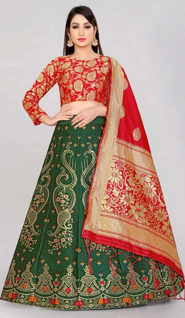 Banarasi Silk Jacquard Work Bottle Green Color Traditional Part Wear Lehenga Choli -5482162406