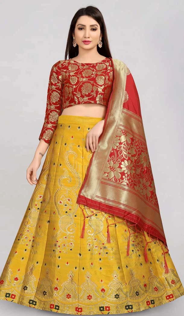Banarasi Silk Jacquard Work Yellow Color Traditional Part Wear Lehenga Choli -5482162407