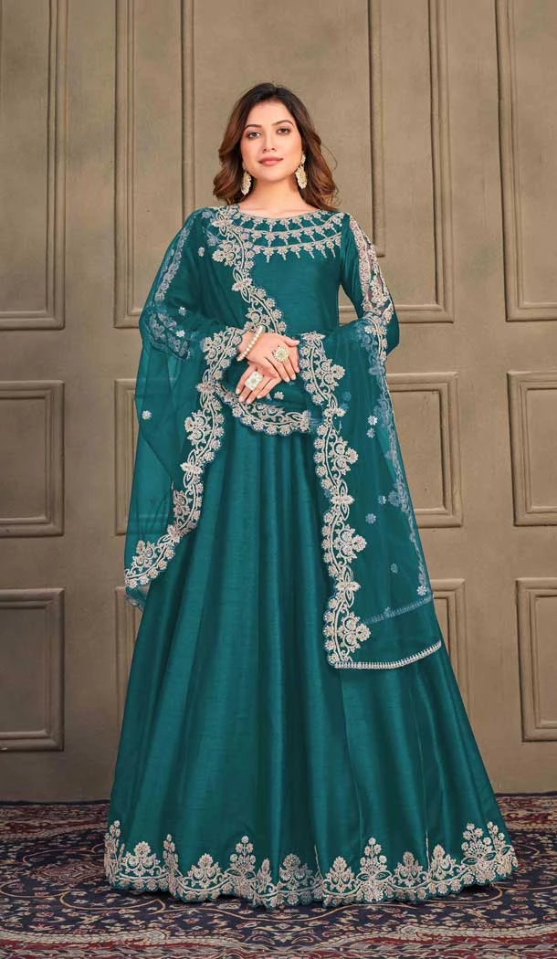 Wedding Wear Teal Green Color Art Silk Anarkali Style Salwar Kameez -5494162469