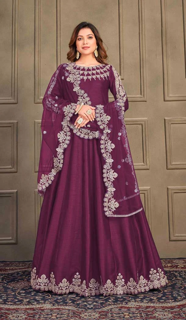 Wedding Wear Burgundy Color Art Silk Anarkali Style Salwar Kameez -5494162470