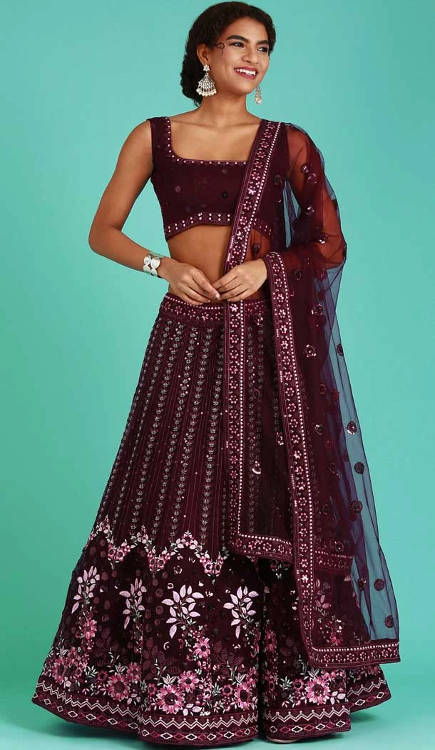 Burgundy Color Net Embroidery Work Designer Wear Lehenga Choli -5500162499