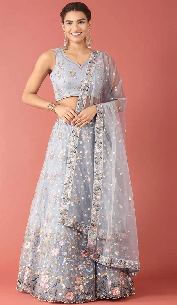 Grey Color Net Embroidery Work Mehendi Sangeet Wear Lehenga Choli -5501162500