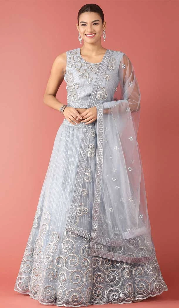 Mehendi Sangeet Wear Grey Color Net Embroidery Work Lehenga Choli -5501162503