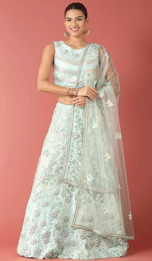 Turquoise Blue Color Net Embroidery Work Mehendi Sangeet Wear Lehenga Choli -5501162504