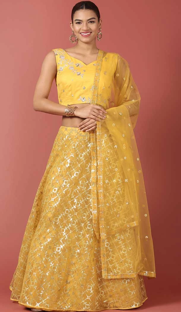 Mustard Color Net Embroidery Work Mehendi Sangeet Wear Lehenga Choli -5501162505