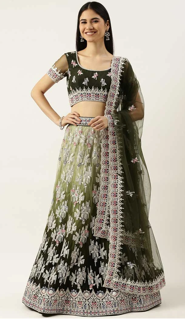 Mehendi Green Color Net Embroidery Work Designer Mehendi Sangeet Lehenga Choli -5502162506