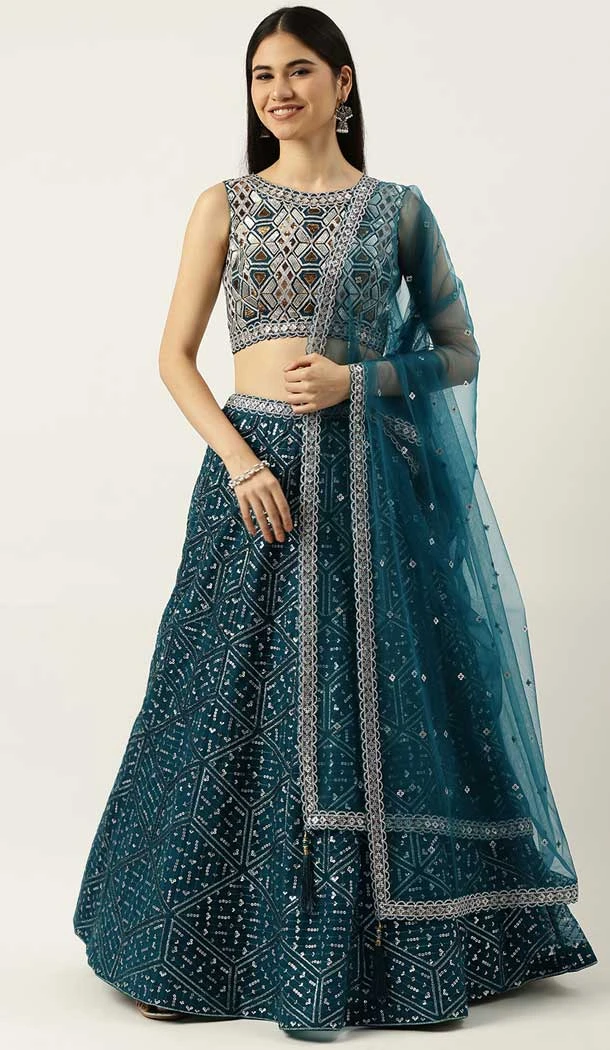 Teal Color Net Embroidery Work Designer Mehendi Sangeet Wear Lehenga Choli -5502162507