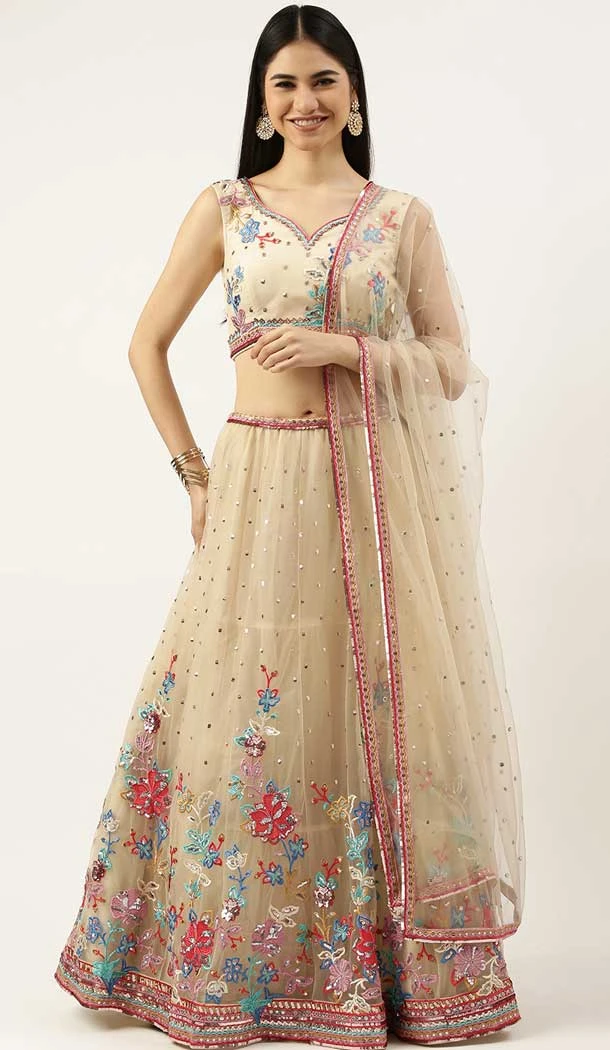 Cream Color Net Embroidery Work Designer Mehendi Sangeet Wear Lehenga Choli -5502162508