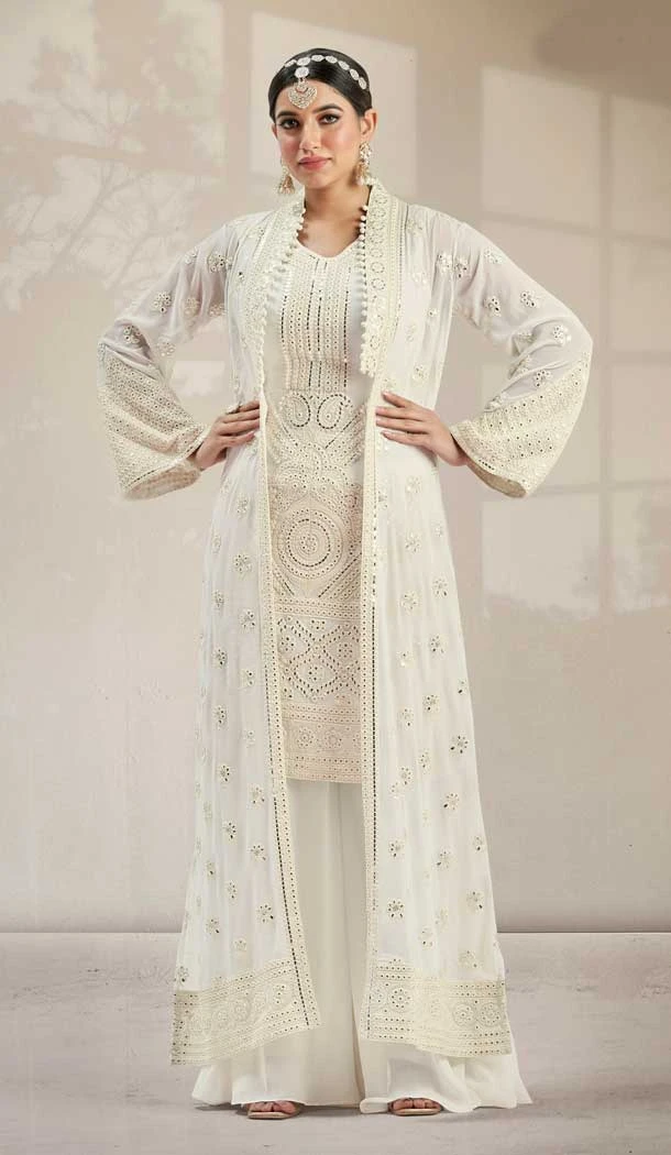 White Color Real Georgette Sequins And Zari Work Party Wear Suit With Jacket -5510162557