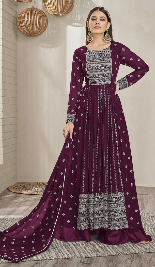 Wine Color Real Georgette Embroidery Work Party Wear Palazzo Salwar Suit -5510162558