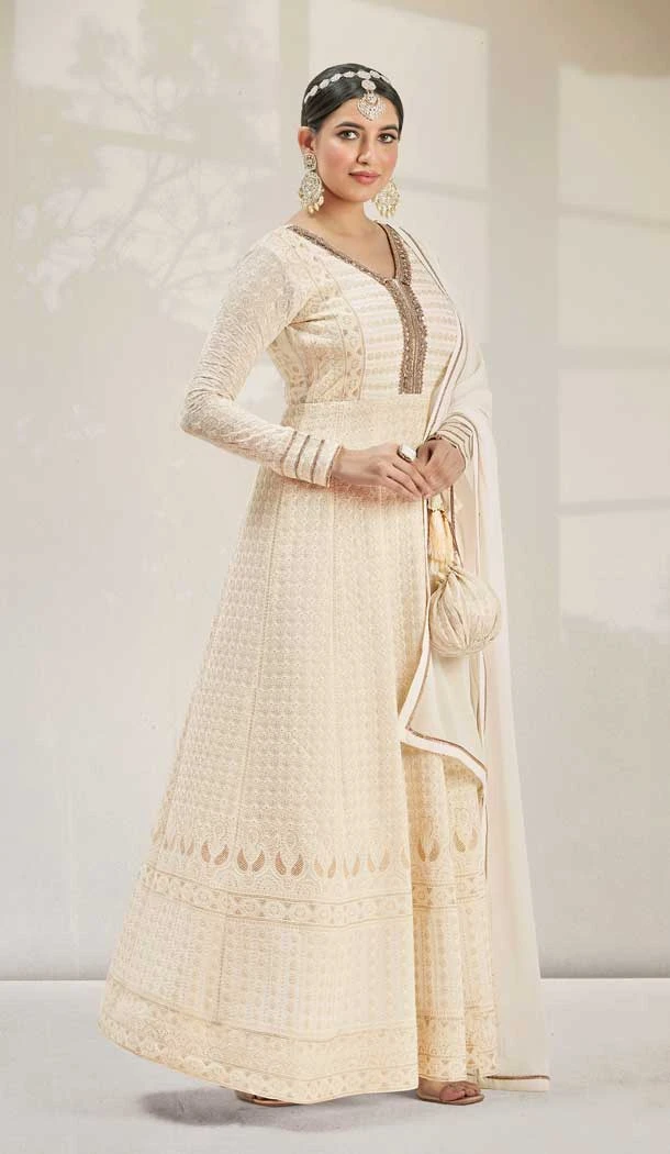 Off White Color Real Georgette Embroidery And Sequins Work Anarkali Style Salwar Suit -5510162559