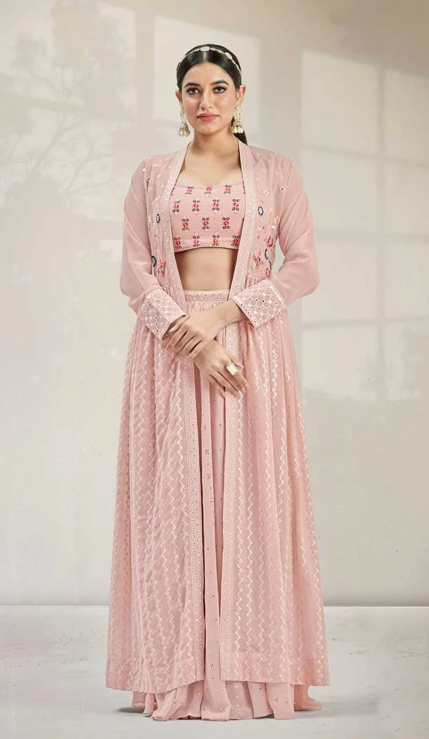 Light Pink Color Real Georgette Embroidery And Sequins Work Party Wear Suit With Jacket -5510162561