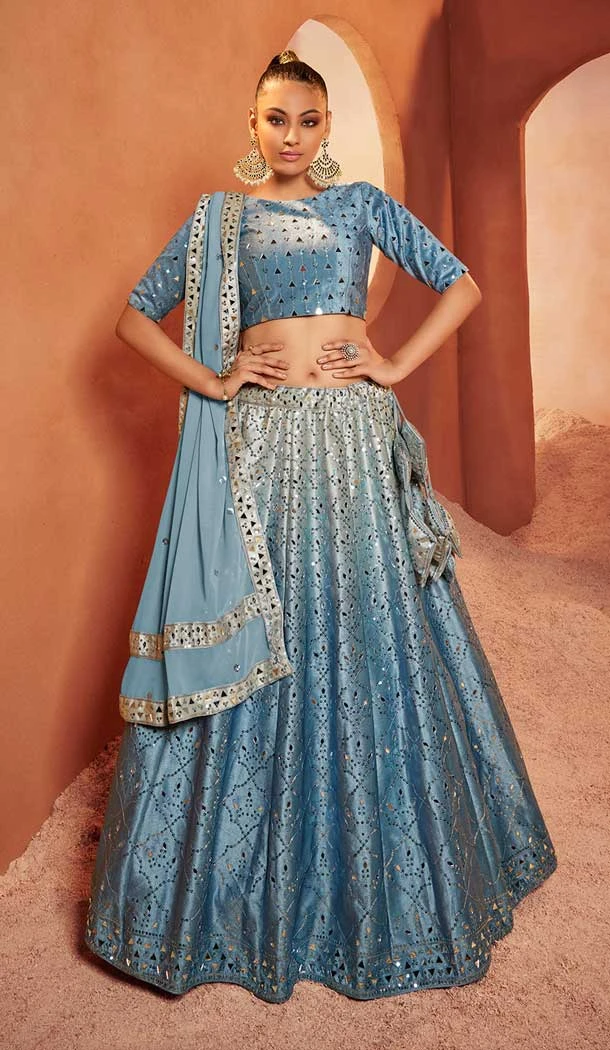 Dusty Sky Color Velvet Embroidery Designer Sangeet Wear Lehenga Choli -5511162562