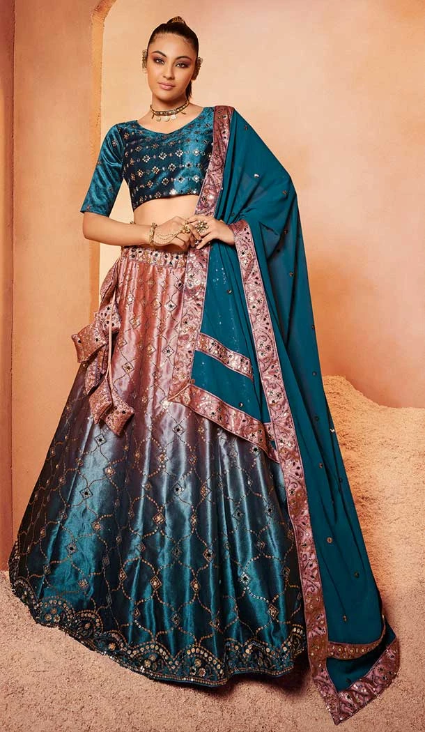 Teal Blue Color Velvet Embroidery Designer Sangeet Wear Lehenga Choli -5511162564