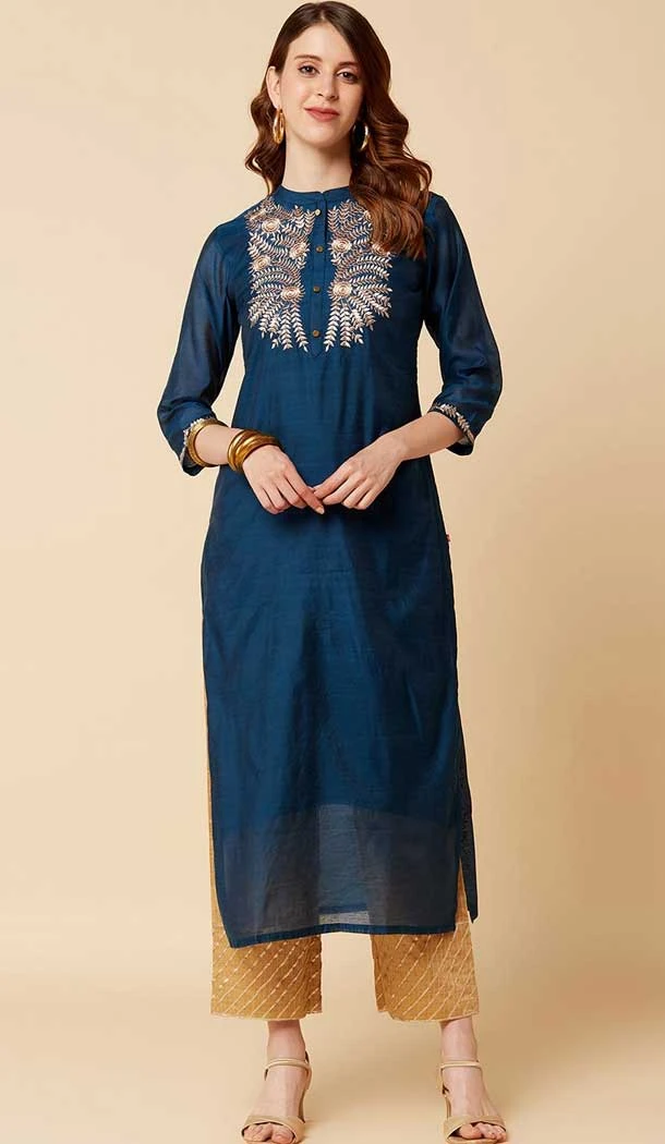 Teal Blue Color Chanderi Silk Embroidery Casual Wear Readymade Kurti -5524162670