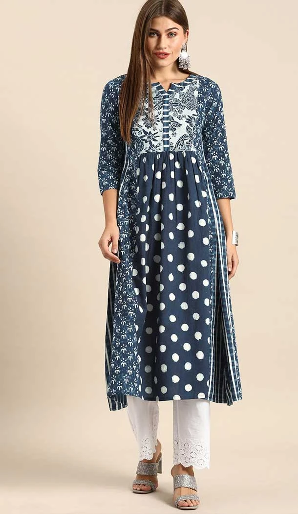 Navy Blue Color Cotton Print Work Casual Wear Readymade Kurti -5524162673