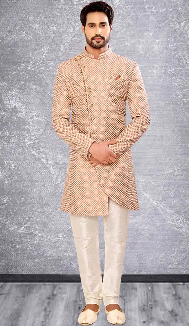 Peach Color Brocade Self Work Wedding Wear Designer Men's Indo-Western -5503162511