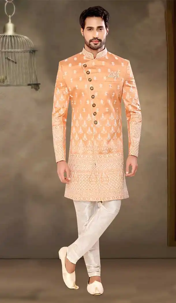 Brocade Peach Color Self Work Wedding Wear Designer Men's Indo-Western -5503162512