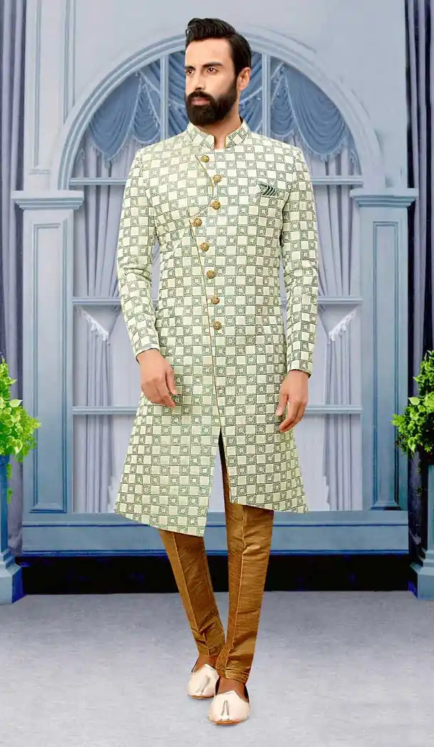 Off White And Grey Color Brocade Self Work Wedding Wear Designer Men's Indo-Western -5503162515