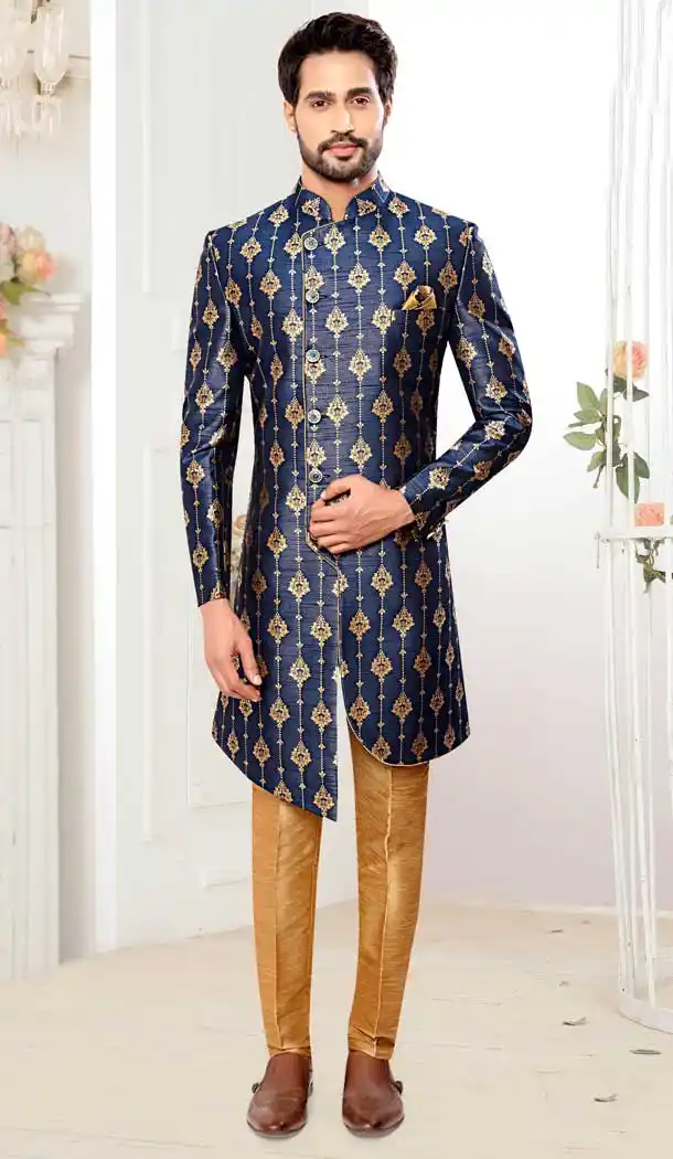 Navy Blue Color Jacquard Self Work Wedding Wear Designer Men's Indo-Western -5503162516