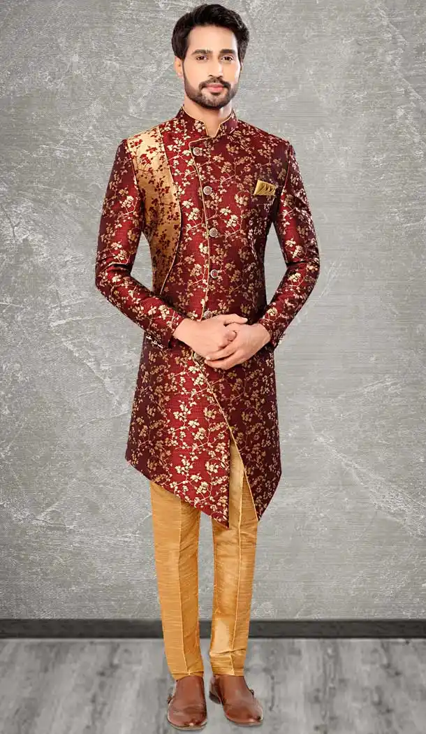 Maroon Color Jacquard Self Work Wedding Wear Designer Men's Indo-Western -5503162517
